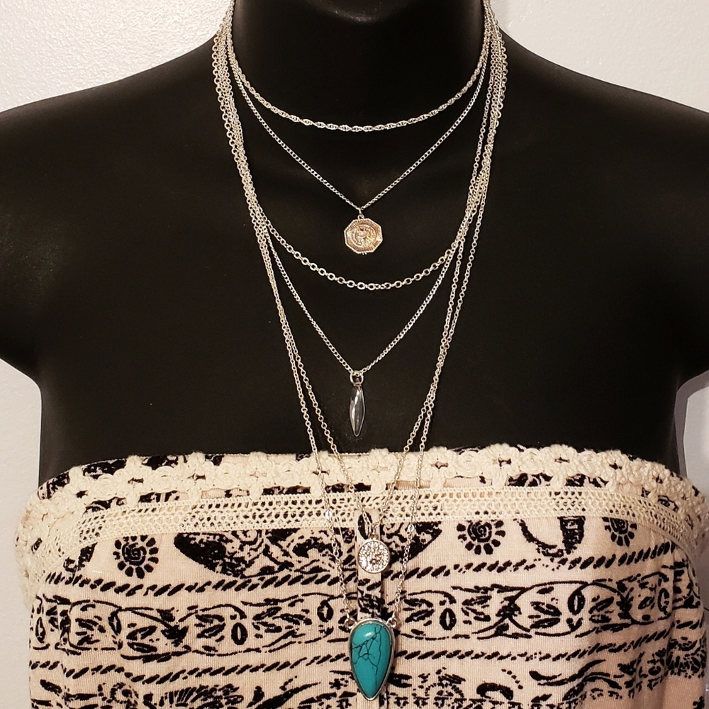 Silver Boho Coin Multi Strand Choker Turquoise